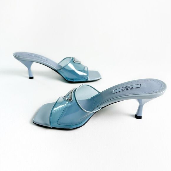 PRADA Blue Ciabatte Triangle Logo Slide Sandal Heels Size 37 Mule Clear PVC - Picture 4 of 13